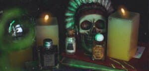 Shelf with Halloween decorations